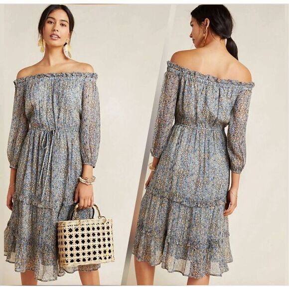 Anthropologie Kira Off Shoulder Blue Peasant Dress Drawstring Waist Sz 2p - Picture 1 of 9